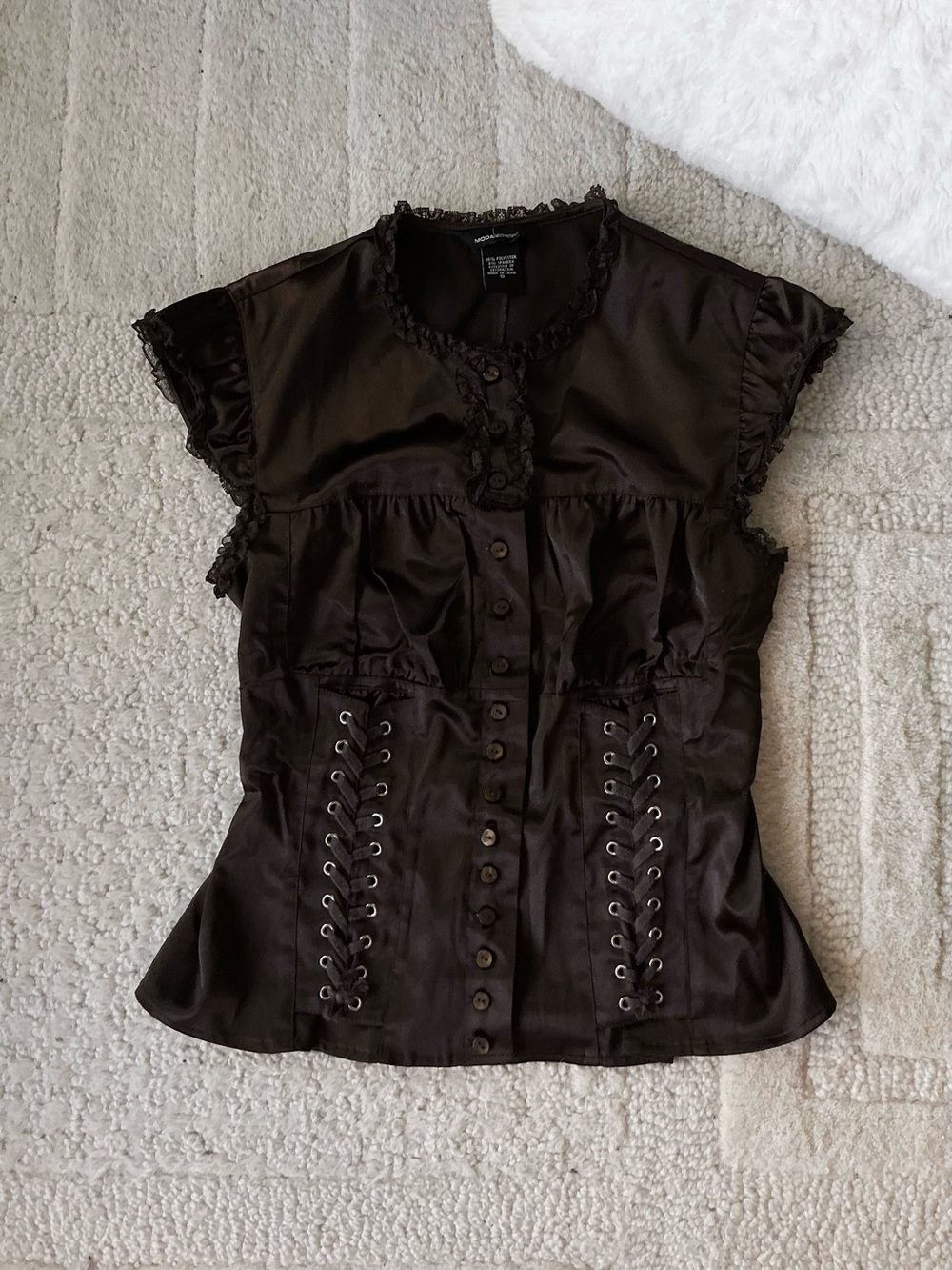 Vintage Y2K Moda International Satin Lace Trim Corset Blouse top brown